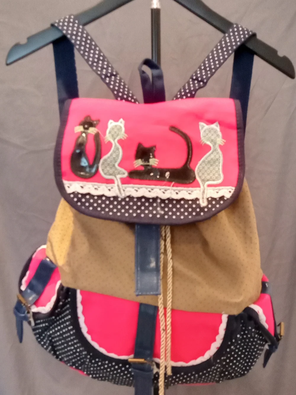 Pink and Navy Cat Appliqué Women's Large Backpack
